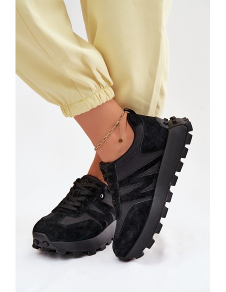 Leather Suede Women's Sneakers On Platform Vinceza 41520 Black