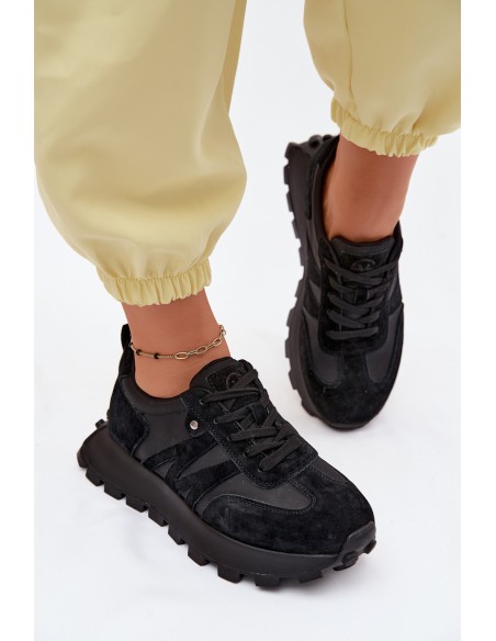 Leather Suede Women's Sneakers On Platform Vinceza 41520 Black