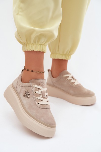 Leather Suede Women's Platform Shoes Vinceza 41523 Beige
