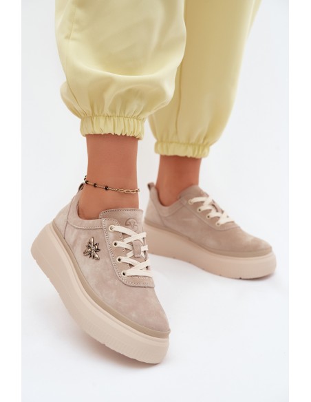 Leather Suede Women's Platform Shoes Vinceza 41523 Beige