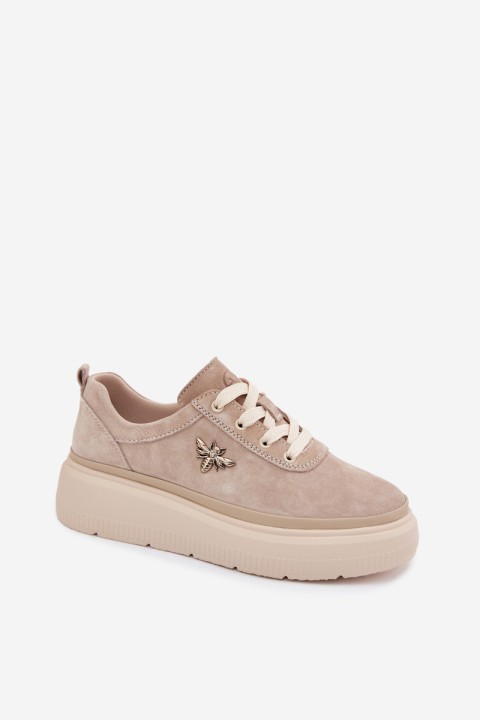 Leather Suede Women's Platform Shoes Vinceza 41523 Beige