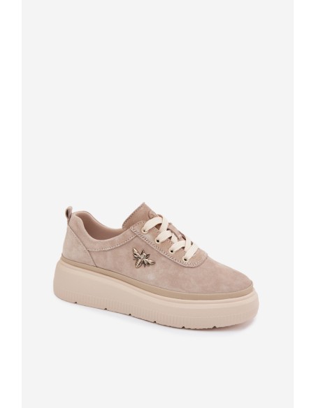 Leather Suede Women's Platform Shoes Vinceza 41523 Beige