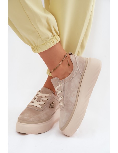 Leather Suede Women's Platform Shoes Vinceza 41523 Beige