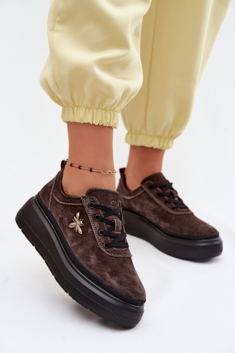 Leather Suede Women's Platform Shoes Vinceza 41523 Chocolate