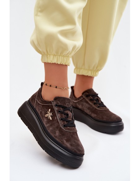 Leather Suede Women's Platform Shoes Vinceza 41523 Chocolate
