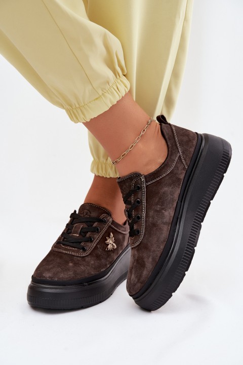 Leather Suede Women's Platform Shoes Vinceza 41523 Chocolate