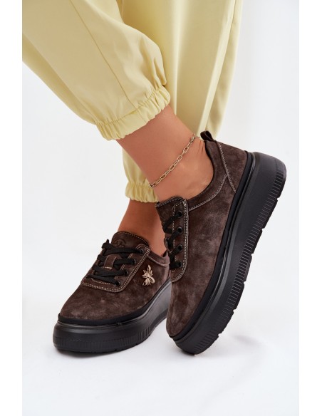 Leather Suede Women's Platform Shoes Vinceza 41523 Chocolate