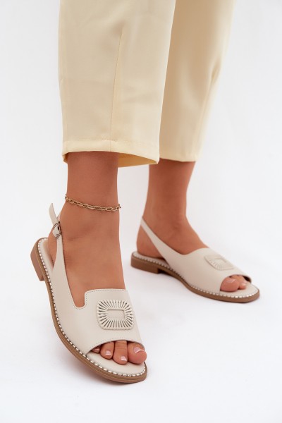 Leather Women's Flat Heel Sandals S.Barski KV61-6076 Beige 2