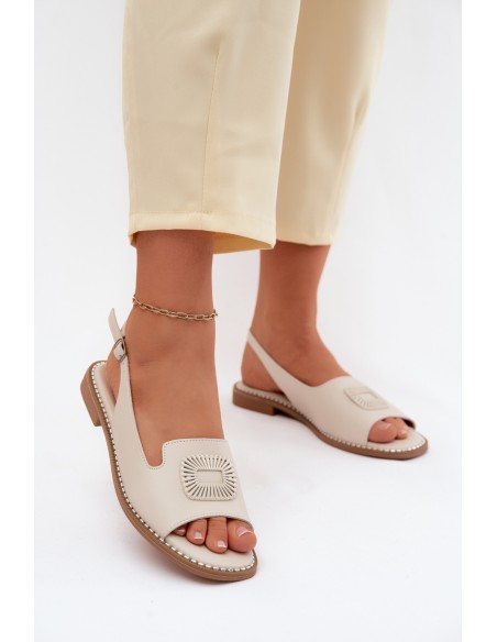 Leather Women's Flat Heel Sandals S.Barski KV61-6076 Beige