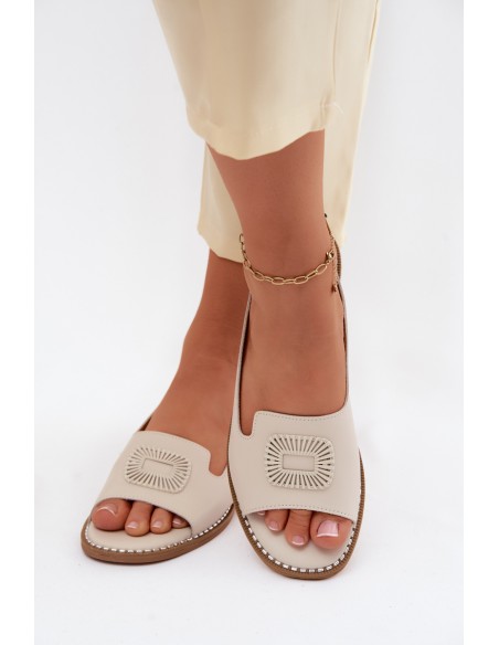 Leather Women's Flat Heel Sandals S.Barski KV61-6076 Beige