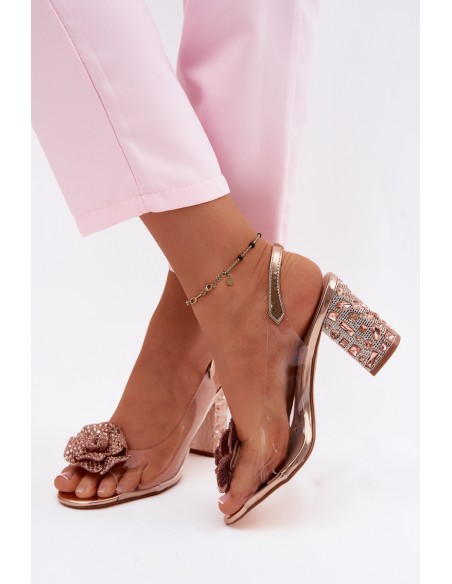 Transparent Block Heel Sandals With Crystals D&A MR61-9013 Pink Gold