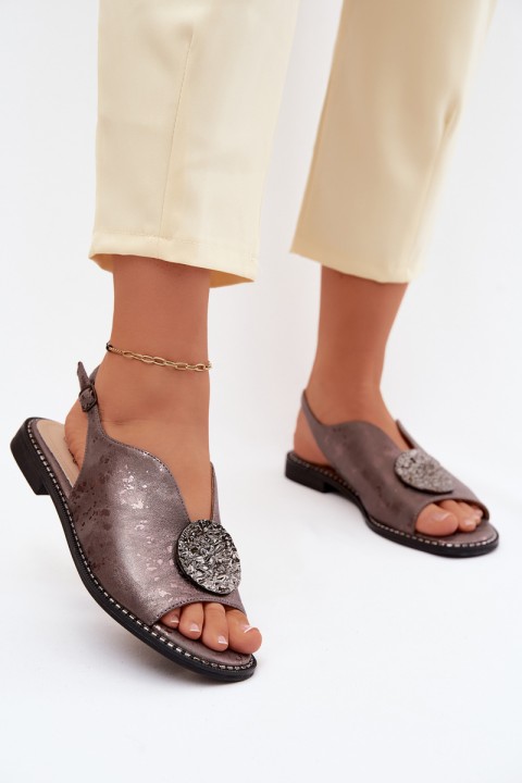 Women's Flat Heeled Sandals With Decoration S.Barski KV61-6035 Graphite