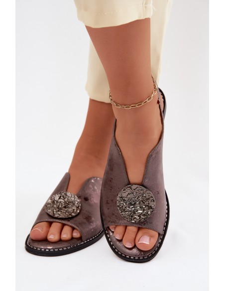 Women's Flat Heeled Sandals With Decoration S.Barski KV61-6035 Graphite