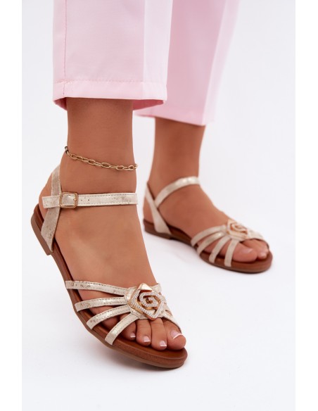 Women's Flat Sandals With Straps And Decoration S.Barski KV61-6056 Gold