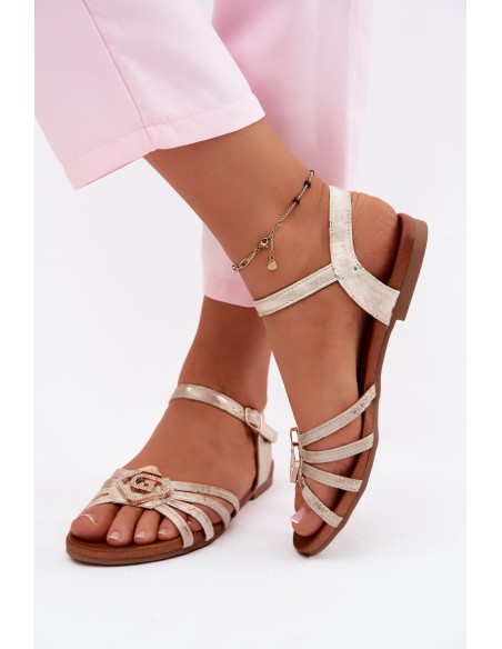 Women's Flat Sandals With Straps And Decoration S.Barski KV61-6056 Gold