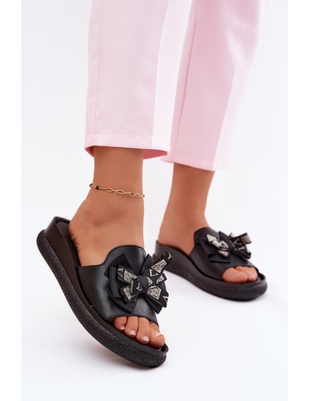 Women's Natural Leather Slippers With Bow S.Barski KV61-6061 Black