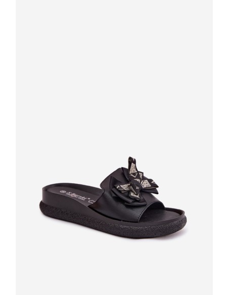 Women's Natural Leather Slippers With Bow S.Barski KV61-6061 Black