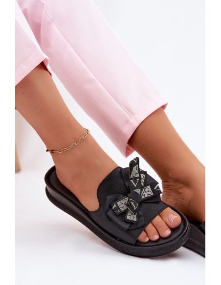 Women's Natural Leather Slippers With Bow S.Barski KV61-6061 Black