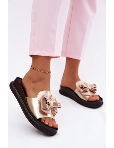 Women's Genuine Leather Sandals Bow S.Barski KV61-6061 Gold