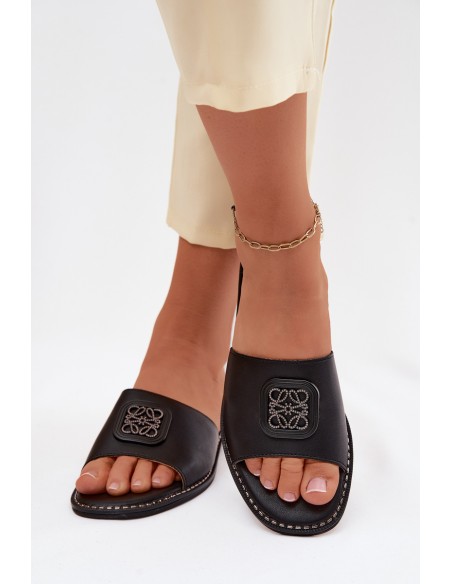 Leather Flat Heel Slippers Decoration S.Barski KV61-6019 Black