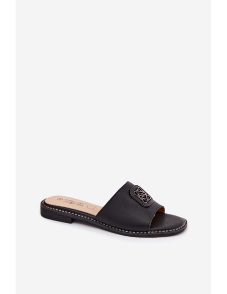 Leather Flat Heel Slippers Decoration S.Barski KV61-6019 Black