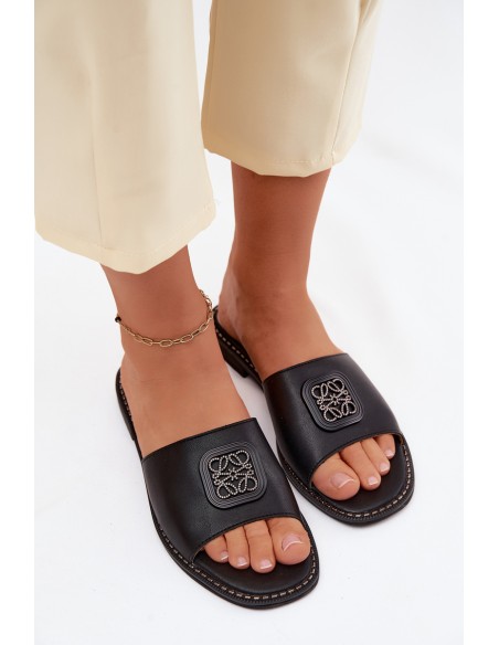 Leather Flat Heel Slippers Decoration S.Barski KV61-6019 Black