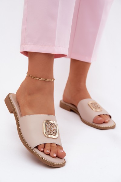 Leather Slippers Flat Heel Ornament S.Barski KV61-6019 Nude