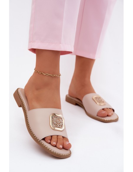 Leather Slippers Flat Heel Ornament S.Barski KV61-6019 Nude
