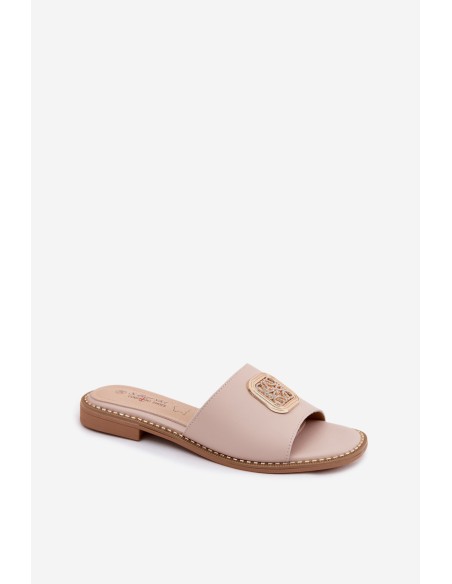 Leather Slippers Flat Heel Ornament S.Barski KV61-6019 Nude