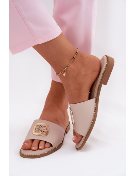 Leather Slippers Flat Heel Ornament S.Barski KV61-6019 Nude