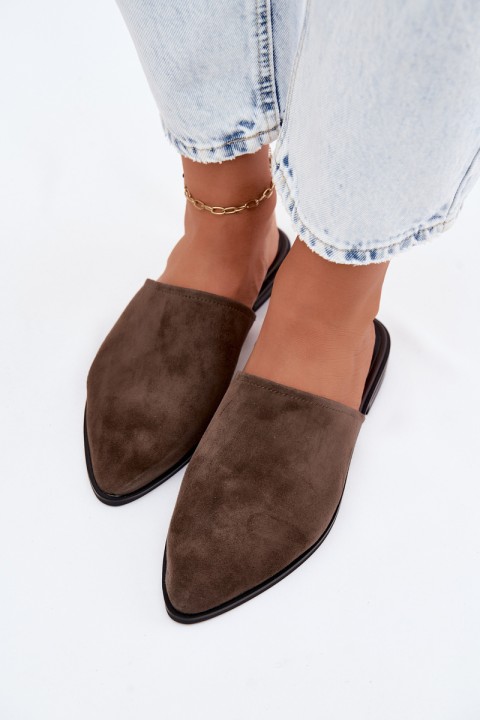 Leather Suede Women's Mules Flat D&A JC61-1004 Khaki