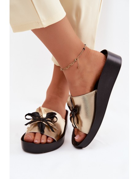 Leather Women's Slippers With Embellishment S.Barski KV61-6044 Gold