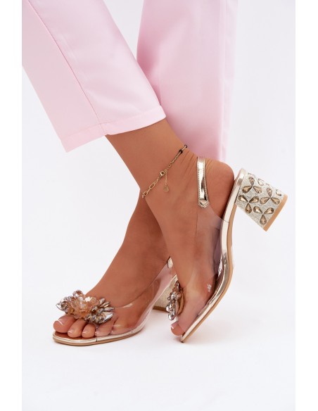 Transparent Sandals with Crystals on Block Heel S.Barski KV61-6068 Gold