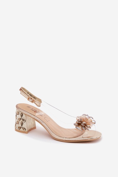 Transparent Sandals with Crystals on Block Heel S.Barski KV61-6068 Gold 2