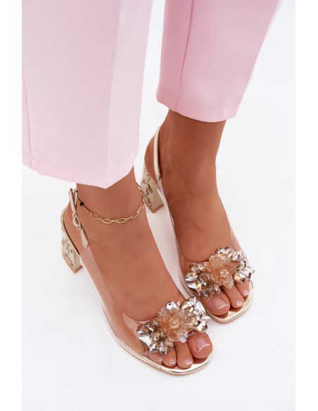 Transparent Sandals with Crystals on Block Heel S.Barski KV61-6068 Gold