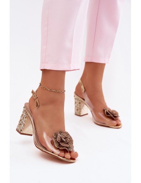 Transparent Block Heel Sandals With Crystals D&A MR61-9013 Gold