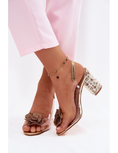 Transparent Block Heel Sandals With Crystals D&A MR61-9013 Gold