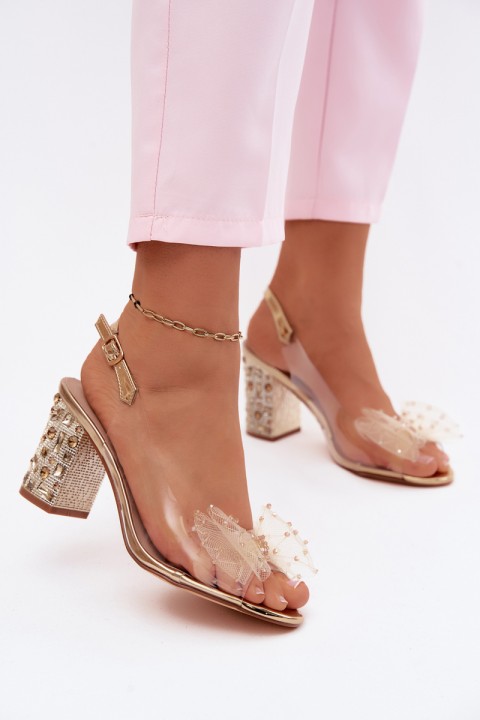 Block Heel Sandals With Crystals Mesh Bow D&A MR61-9010 Gold