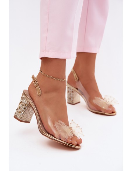 Block Heel Sandals With Crystals Mesh Bow D&A MR61-9010 Gold