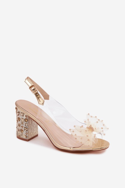 Block Heel Sandals With Crystals Mesh Bow D&A MR61-9010 Gold