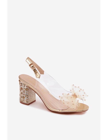 Block Heel Sandals With Crystals Mesh Bow D&A MR61-9010 Gold