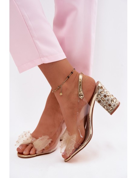 Block Heel Sandals With Crystals Mesh Bow D&A MR61-9010 Gold