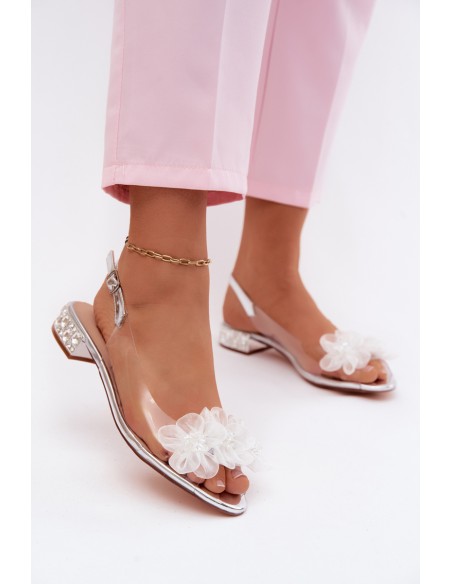 Transparent Sandals with Crystals and Mesh Flowers D&A MR61-9006 Silver