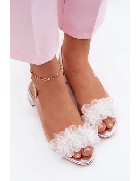 Transparent Sandals with Crystals and Mesh Flowers D&A MR61-9006 Silver