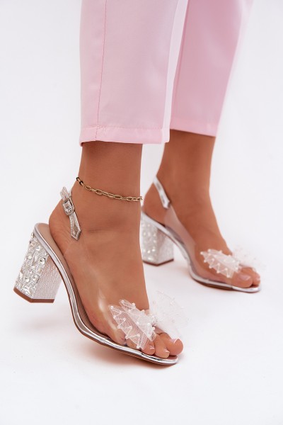 Block Heel Sandals With Crystals Mesh Bow D&A MR61-9010 Silver