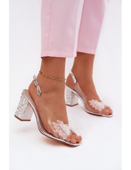 Block Heel Sandals With Crystals Mesh Bow D&A MR61-9010 Silver