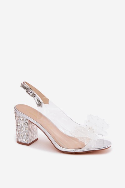 Block Heel Sandals With Crystals Mesh Bow D&A MR61-9010 Silver 2