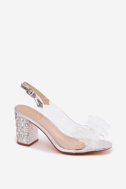 Block Heel Sandals With Crystals Mesh Bow D&A MR61-9010 Silver