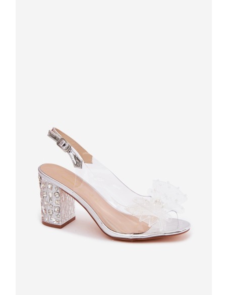 Block Heel Sandals With Crystals Mesh Bow D&A MR61-9010 Silver