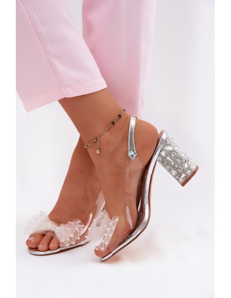 Block Heel Sandals With Crystals Mesh Bow D&A MR61-9010 Silver